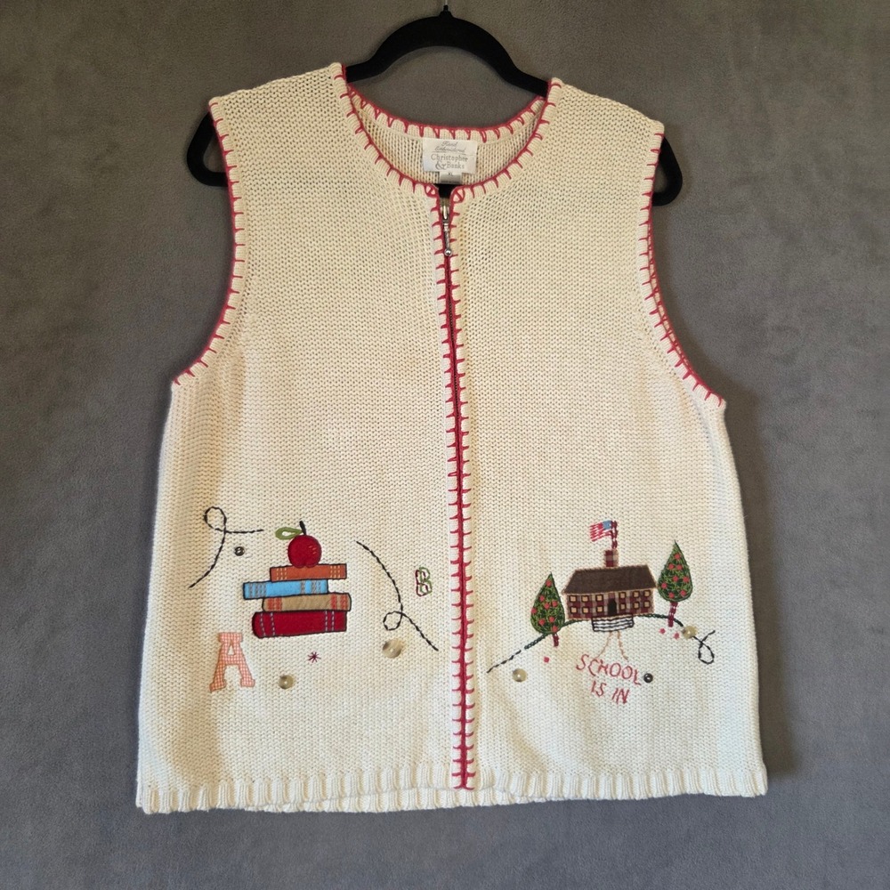 Christopher & Banks Embroidered Sweater Vest Women's XL School Teacher Cottage